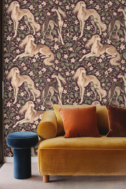 Bedroom view featuring black bed frame against dark plum floral wallpaper with Saluki dogs.