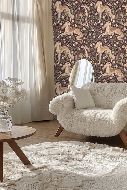 Close-up of Saluki dog with flowing fur against jasmine floral pattern on plum wallpaper.