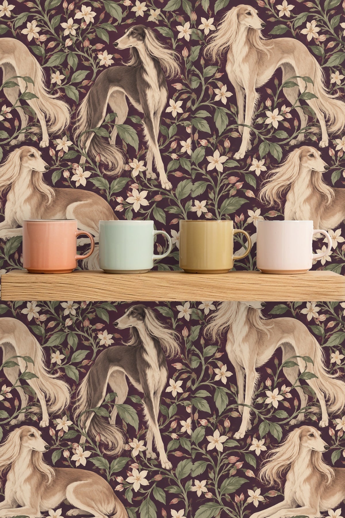 Pattern repeat detail showing jasmine flowers and Saluki dogs on plum background.