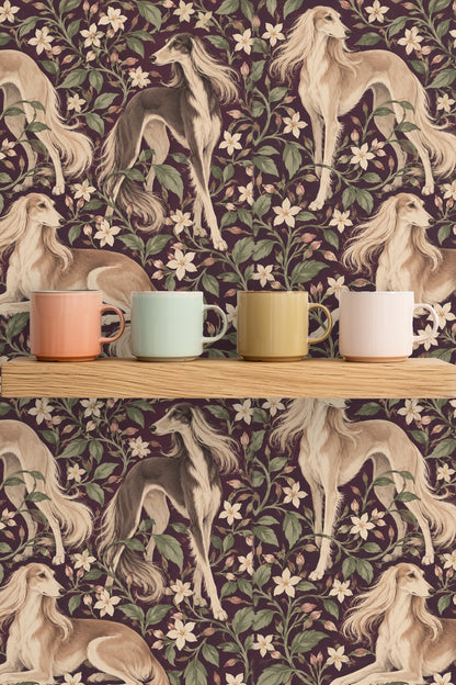 Pattern repeat detail showing jasmine flowers and Saluki dogs on plum background.