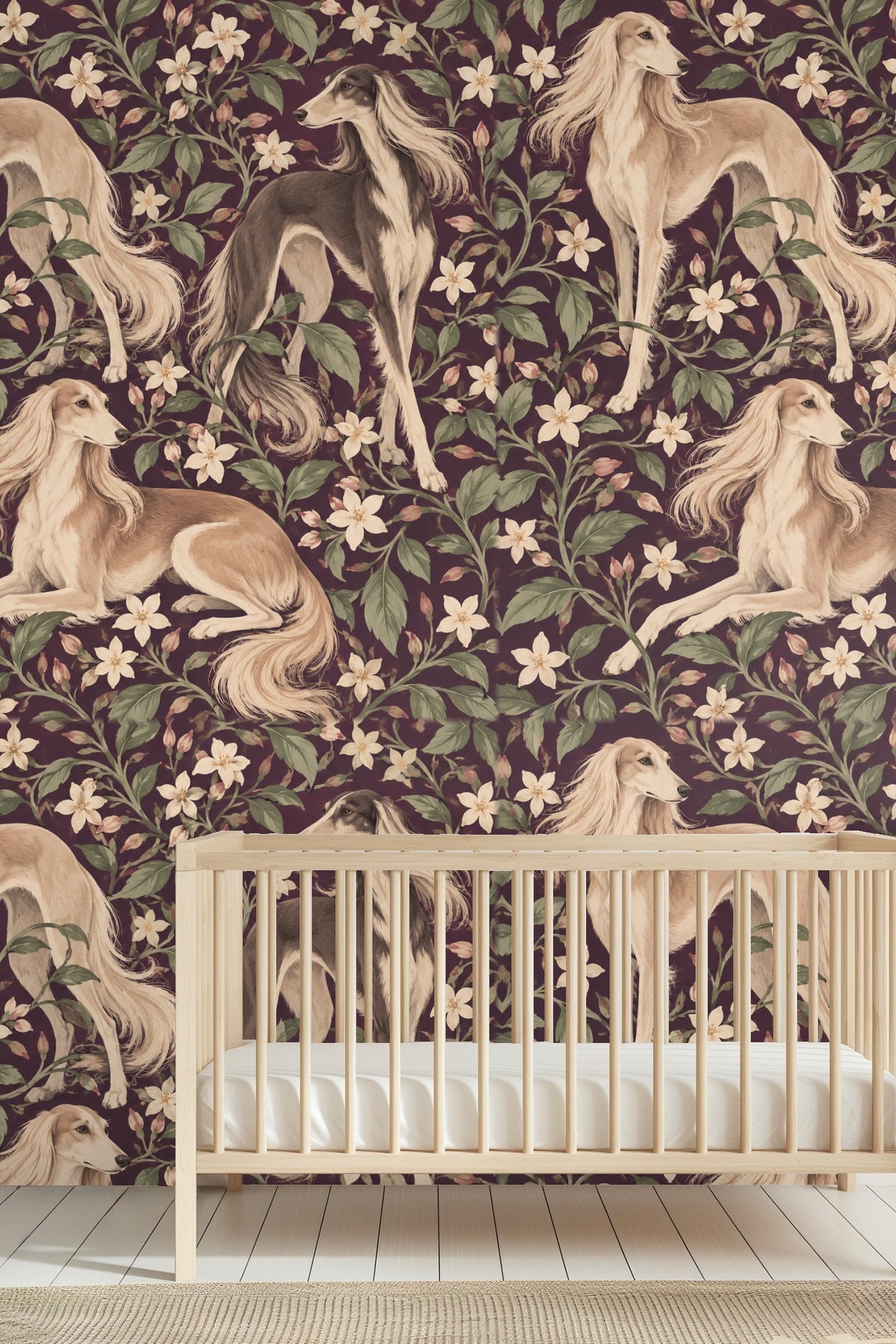 Saluki Jasmine wallpaper behind a black iron bed with white bedding and bedside table with flowers.