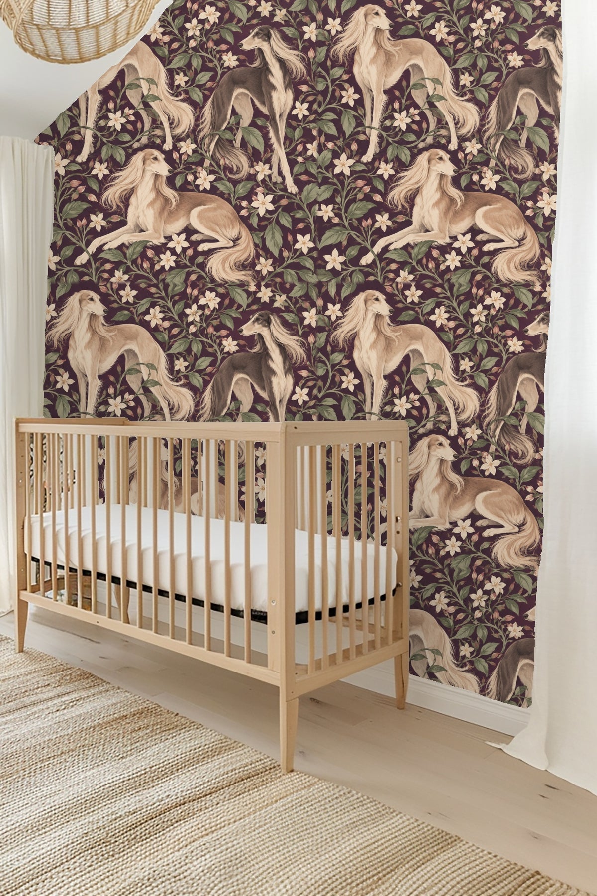 Jasmine blossoms and green leaves intertwined with Saluki dogs on wallpaper.