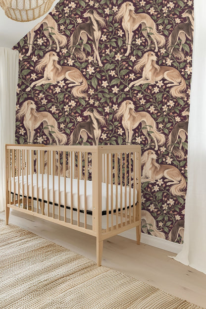 Jasmine blossoms and green leaves intertwined with Saluki dogs on wallpaper.