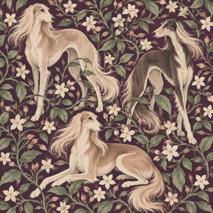 Wide view of wallpaper pattern showing carefully balanced Saluki dogs and jasmine flowers