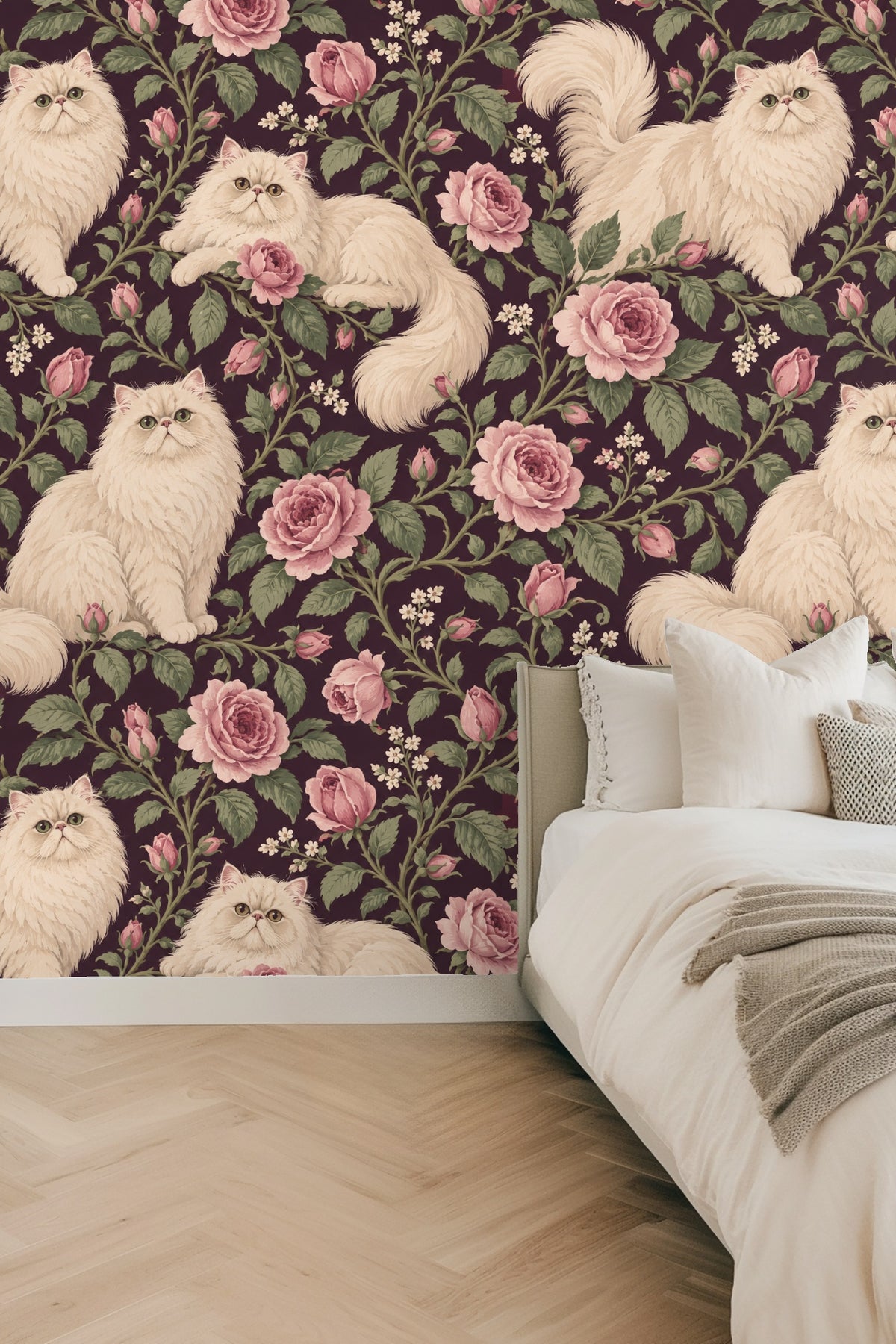 Pink rose blooms and green foliage detail on Persian Rose Cats wallpaper