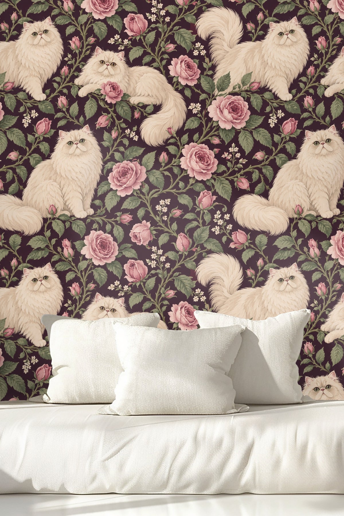 Side view of bedroom wall featuring Persian Rose Cats wallpaper with soft natural light