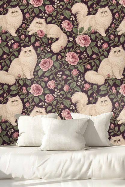Side view of bedroom wall featuring Persian Rose Cats wallpaper with soft natural light