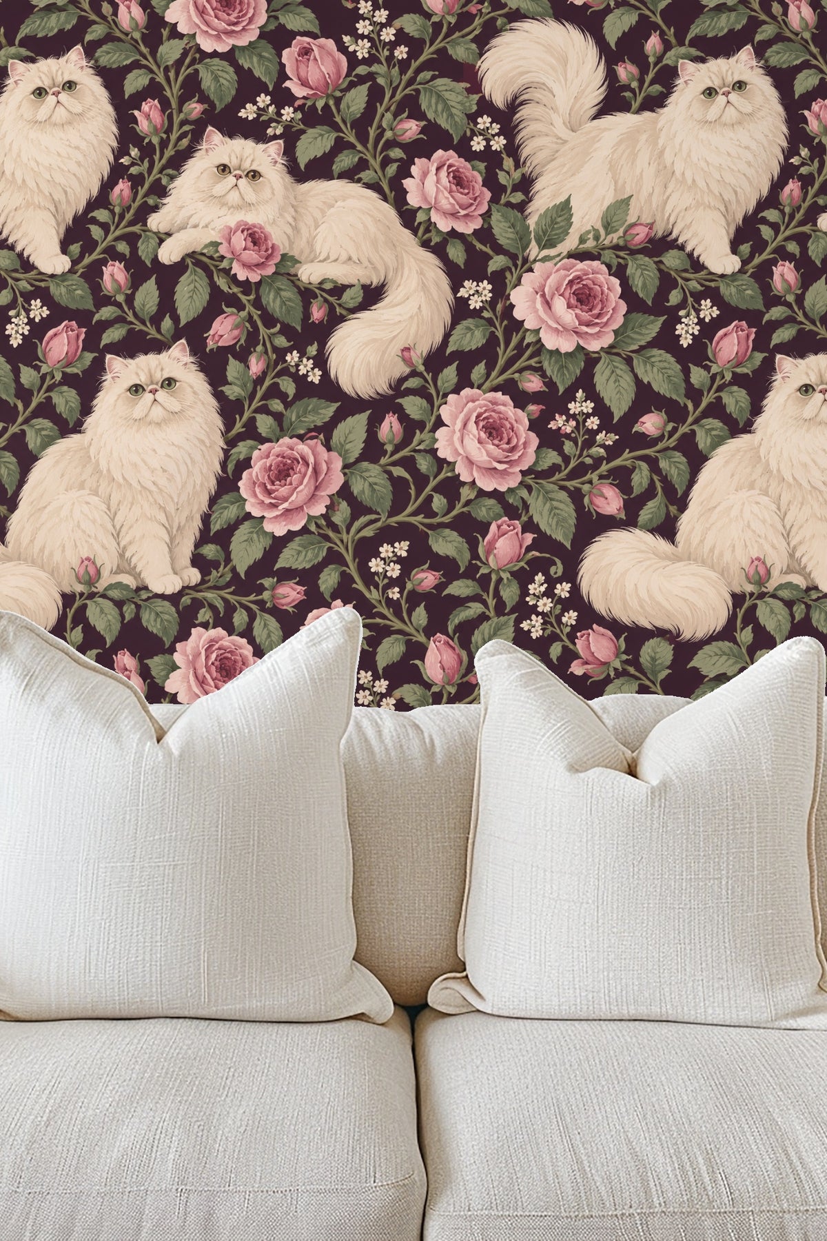 Artistic view of Persian cat faces and tails woven in rose branches on wallpaper