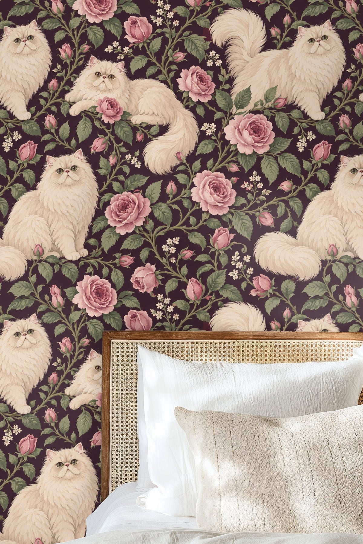 Wallpaper art detail showing cream Persian cats and pink roses on a deep plum background