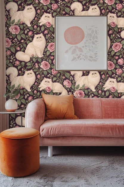 Living room corner with tall beige drapes and Persian Rose Cats wallpaper