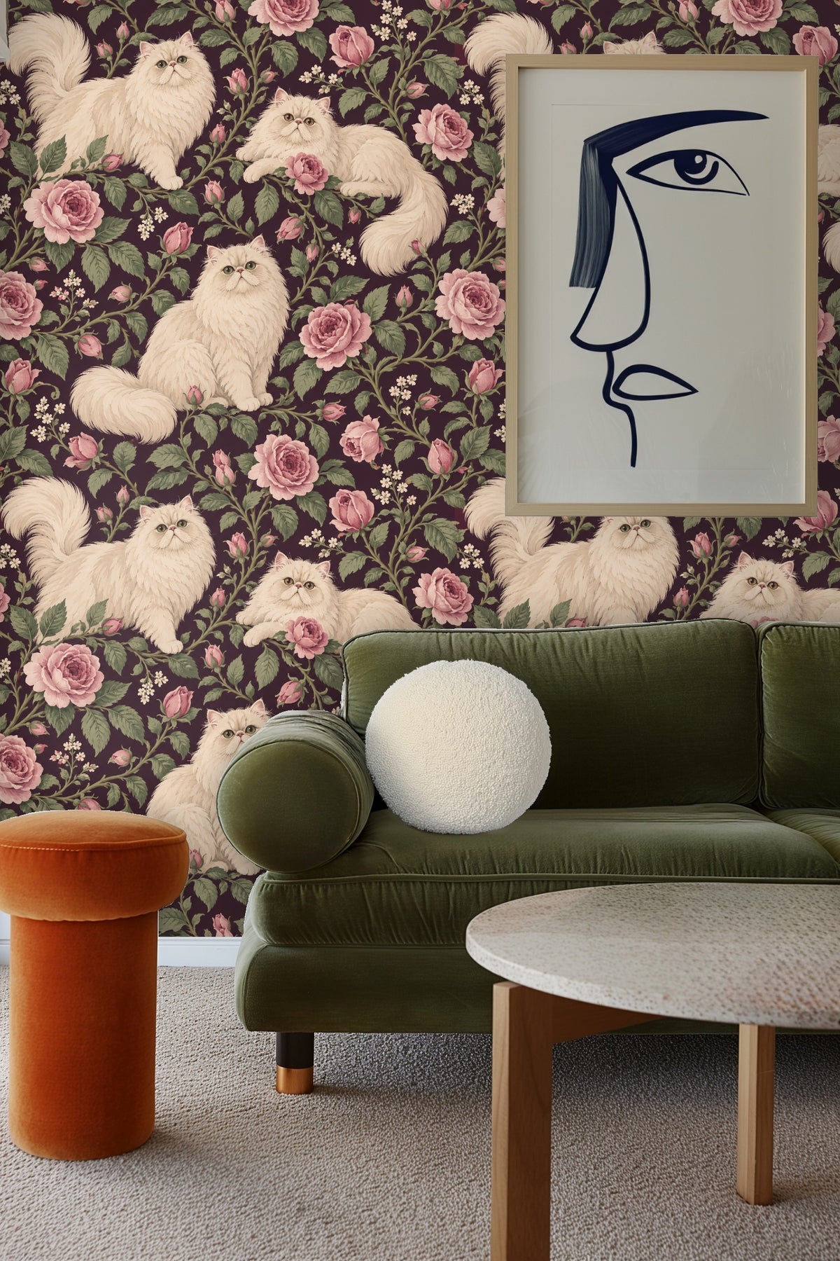 Pattern repeat showing Persian cats lounging among roses on decorative wallpaper