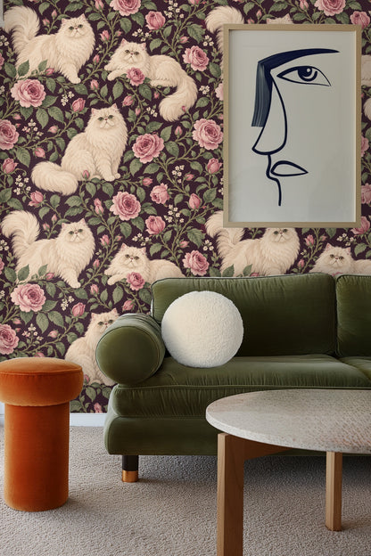 Pattern repeat showing Persian cats lounging among roses on decorative wallpaper