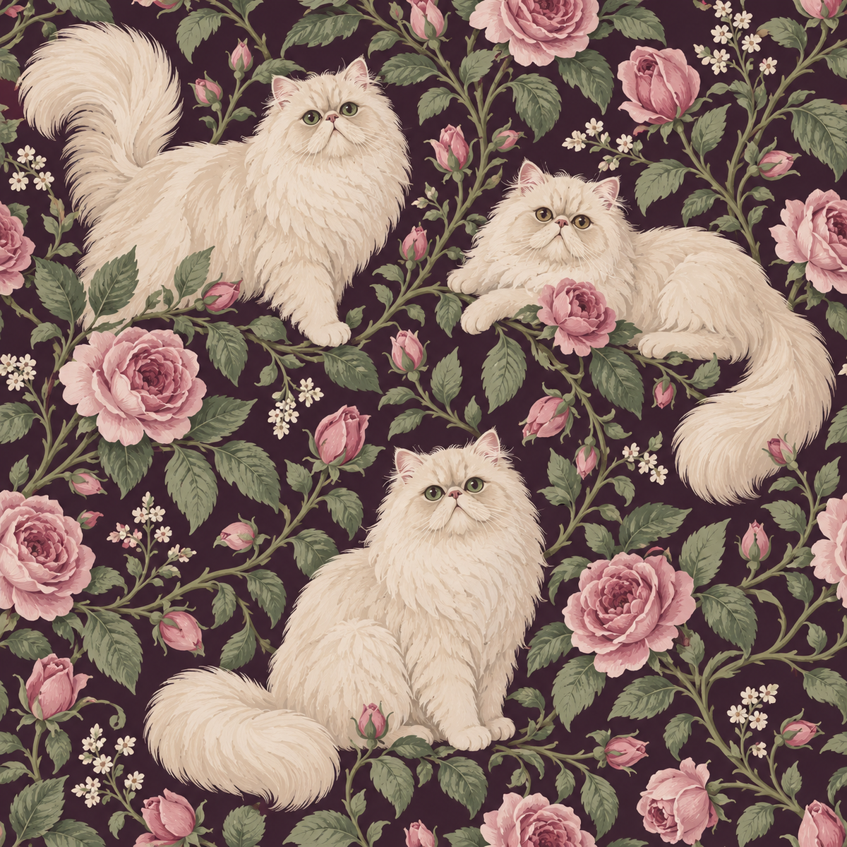 Wide shot of living room with large Persian Rose Cats wallpaper wall behind neutral-toned furniture