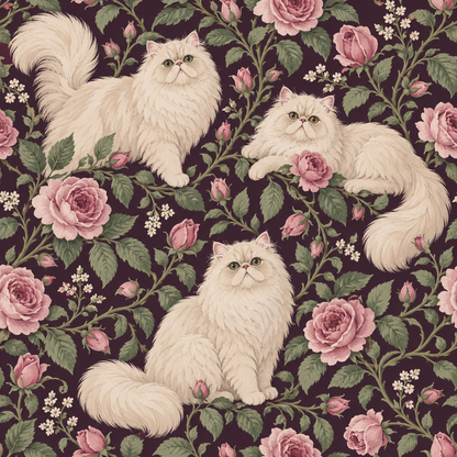 Wide shot of living room with large Persian Rose Cats wallpaper wall behind neutral-toned furniture
