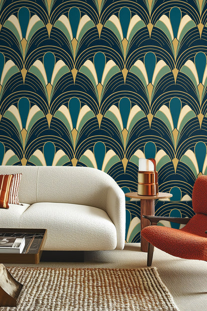 Wallpaper view highlighting crisp art deco line work on teal background
