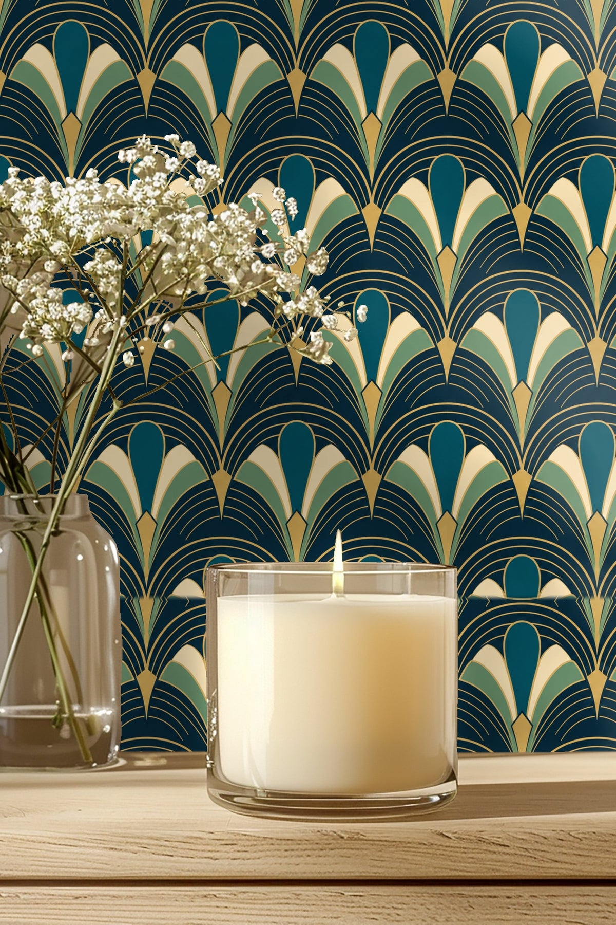 Laundry room with Peacock Arcade wallpaper in teal, cream, and gold behind sink and shelving