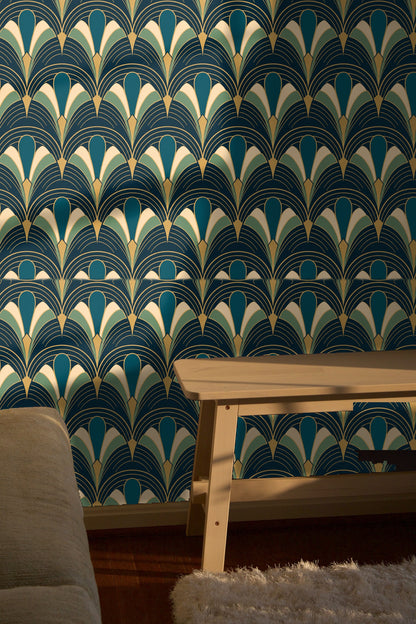Detail of wallpaper pattern showing layered fan shapes with subtle cream accents