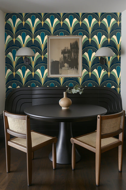 Abstract view of repeating peacock feather shapes in dark teal and gold