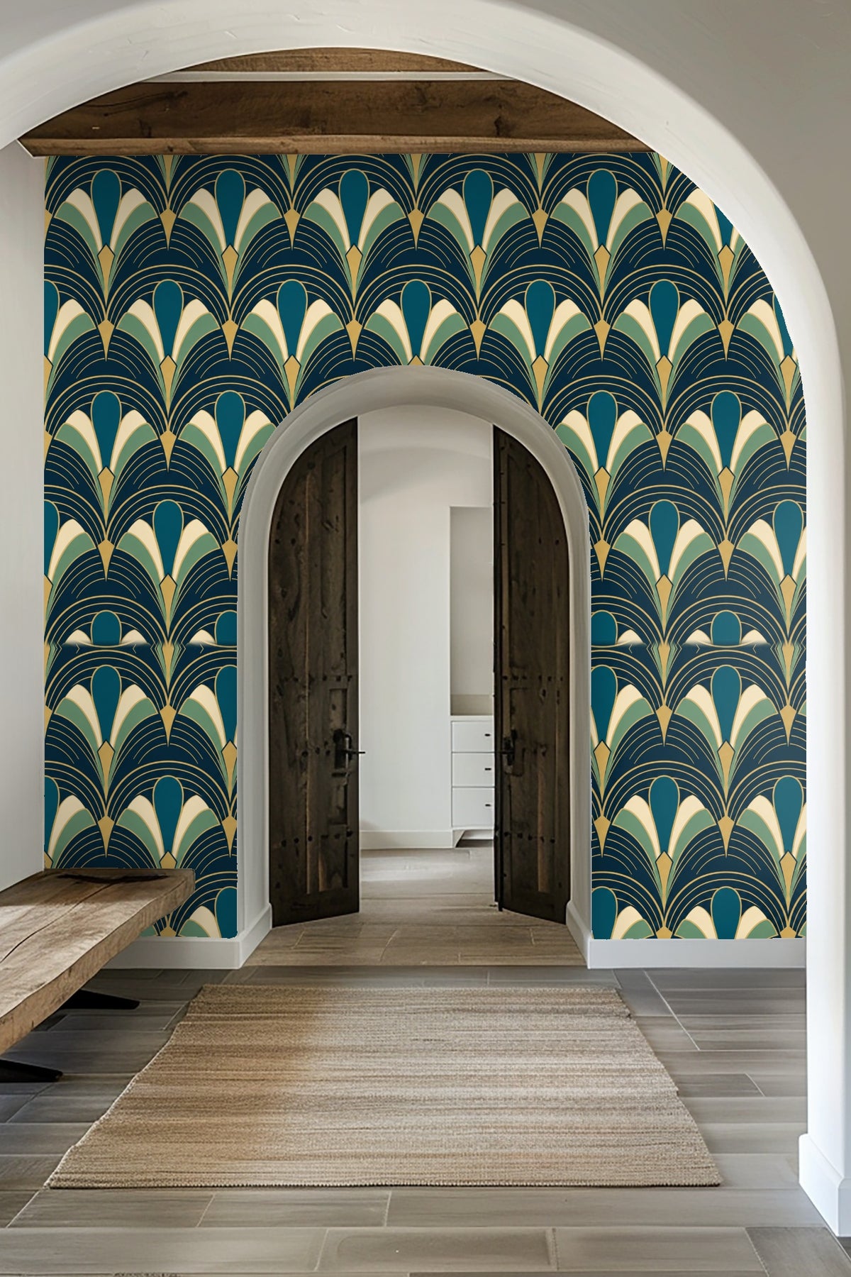 Peacock Arcade wallpaper original artwork showing teal and gold fan pattern with art deco lines