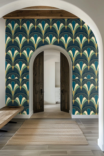 Peacock Arcade wallpaper original artwork showing teal and gold fan pattern with art deco lines