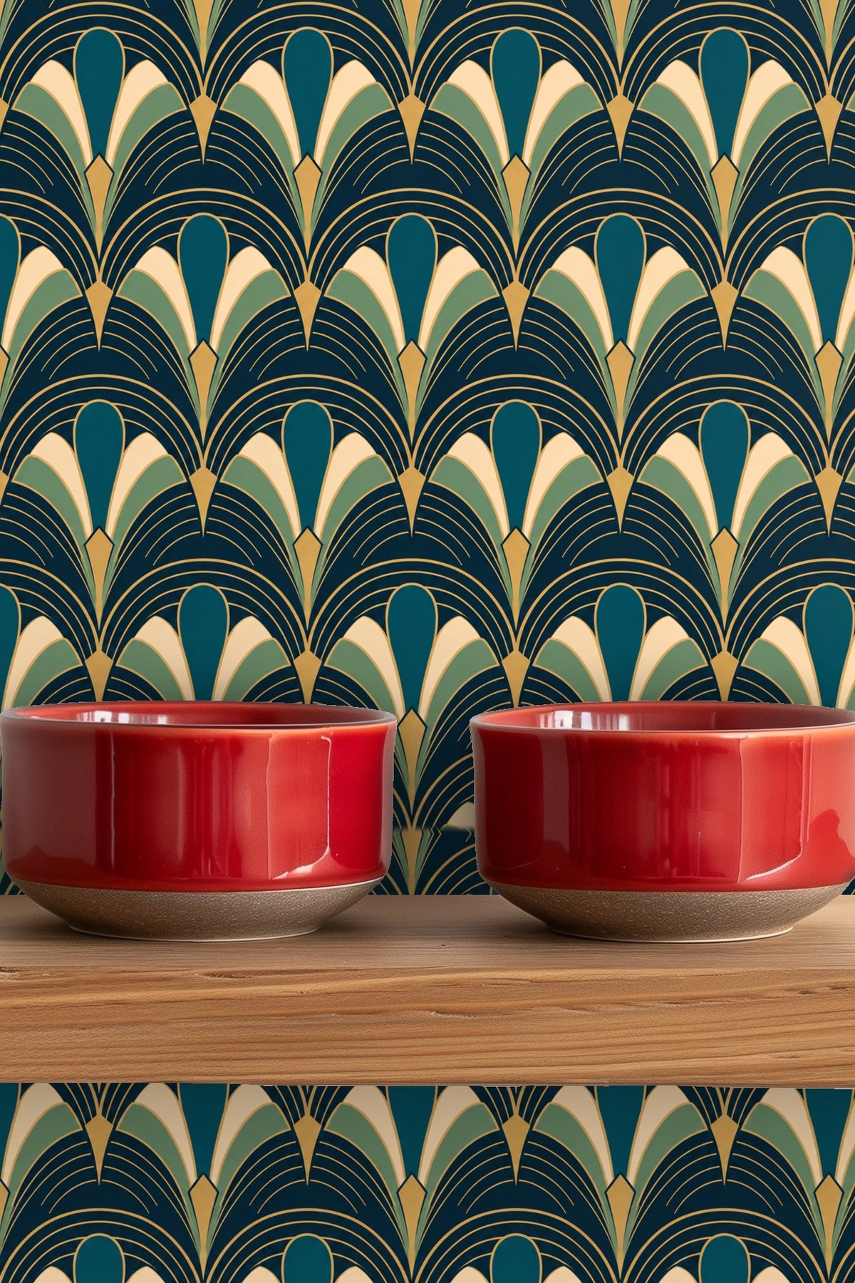 Sunlit wall featuring fan-shaped Peacock Arcade wallpaper design in polished hues