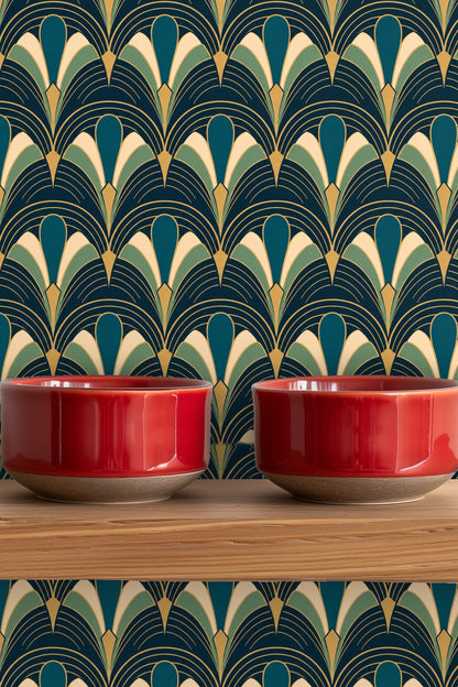Sunlit wall featuring fan-shaped Peacock Arcade wallpaper design in polished hues