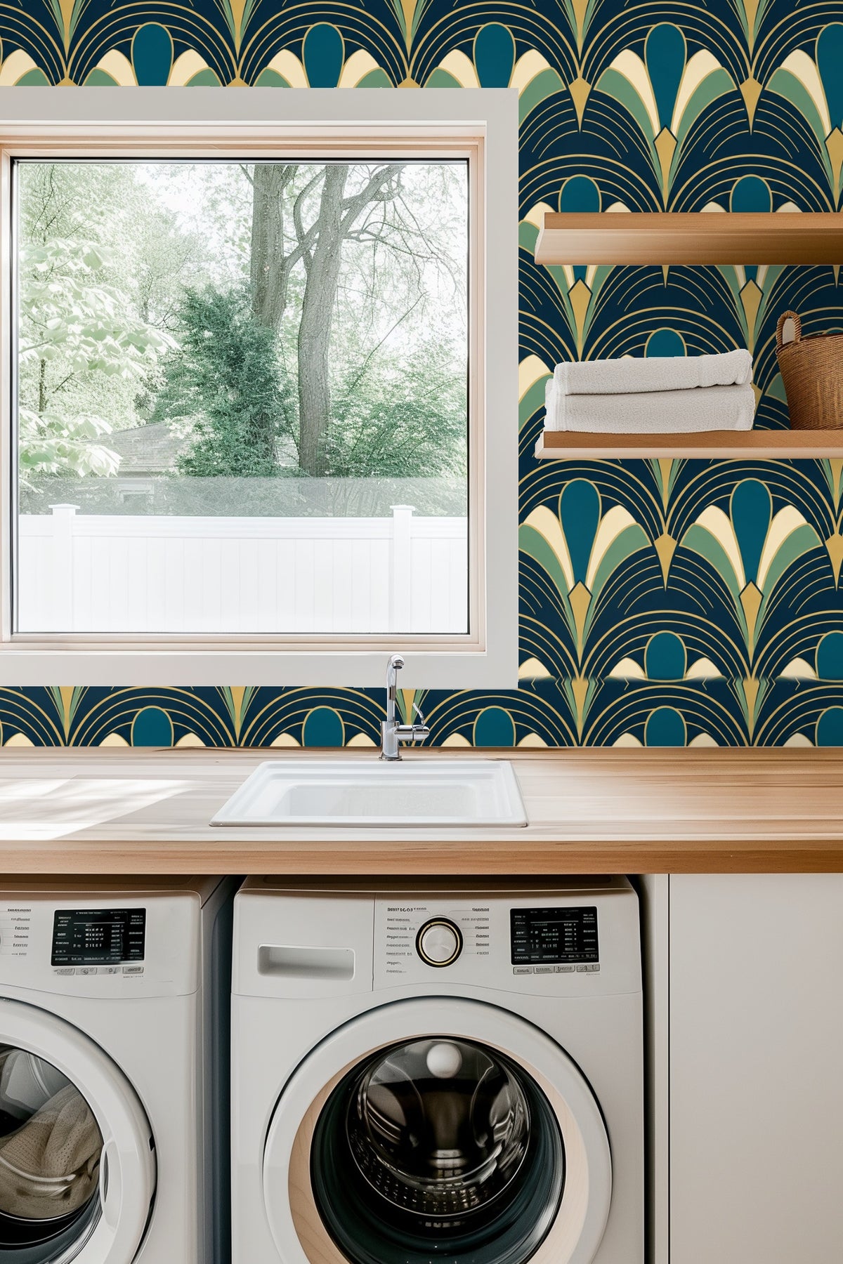 Entryway with Peacock Arcade wallpaper in teal and gold arcs framing arched doorways