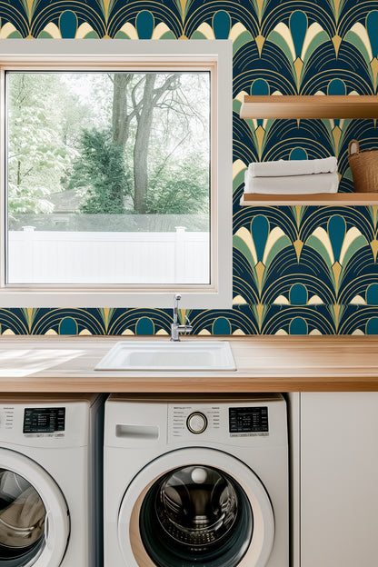 Entryway with Peacock Arcade wallpaper in teal and gold arcs framing arched doorways