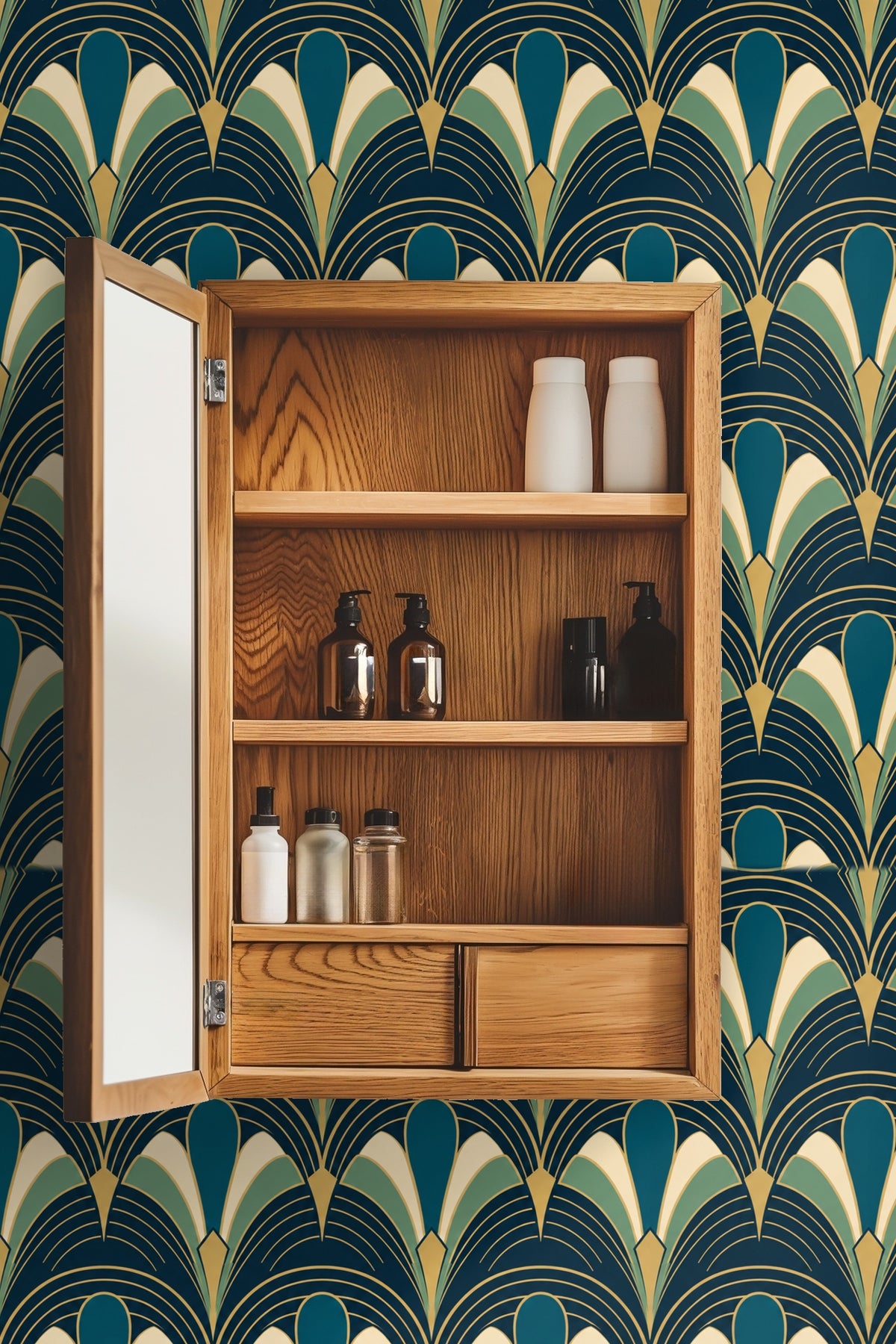 Empty wall showing wallpaper scale and texture with teal, navy, gold fan motif