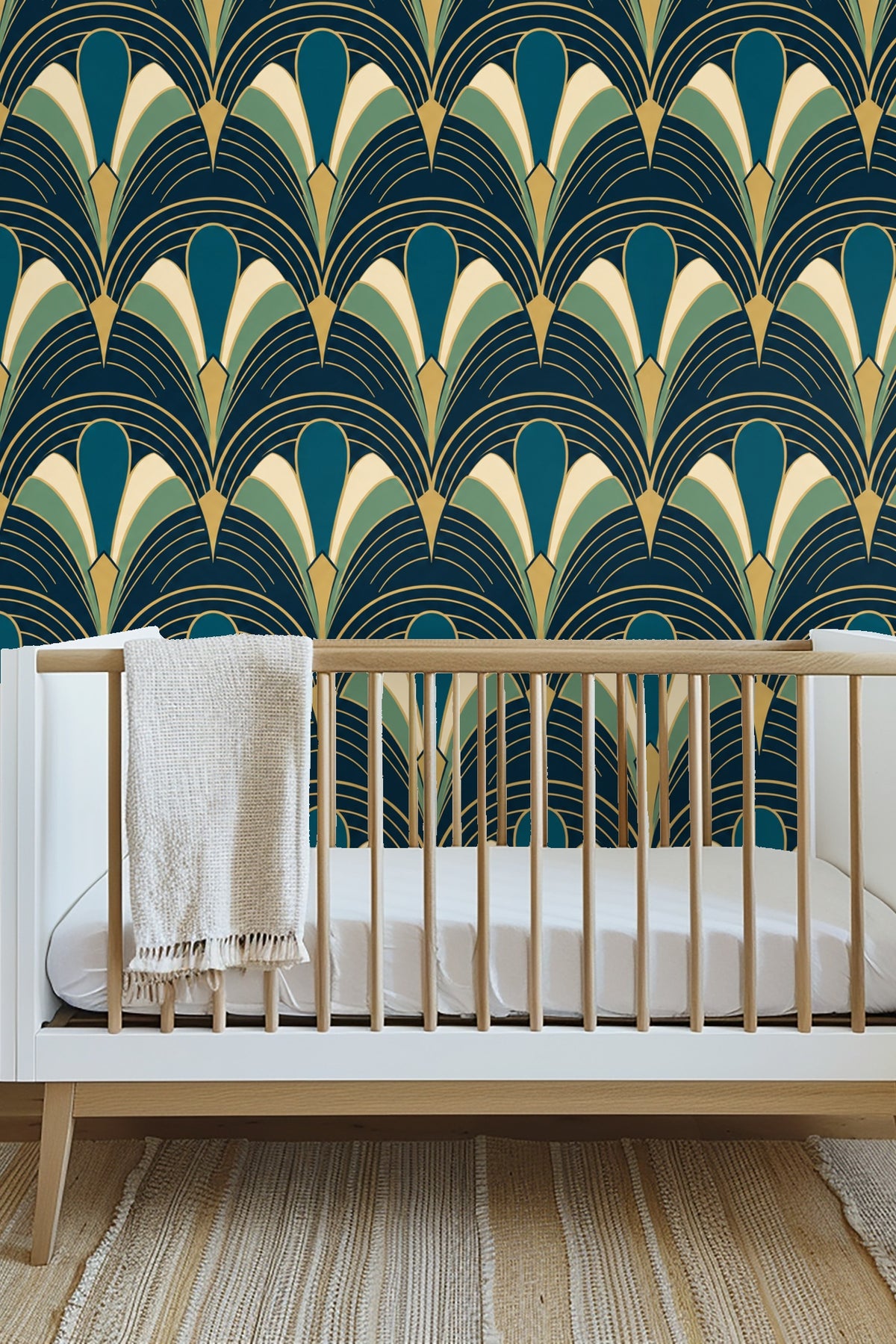 Room corner with Peacock Arcade wallpaper wrapping around and emphasizing geometric repeat