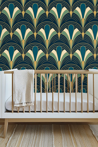 Room corner with Peacock Arcade wallpaper wrapping around and emphasizing geometric repeat
