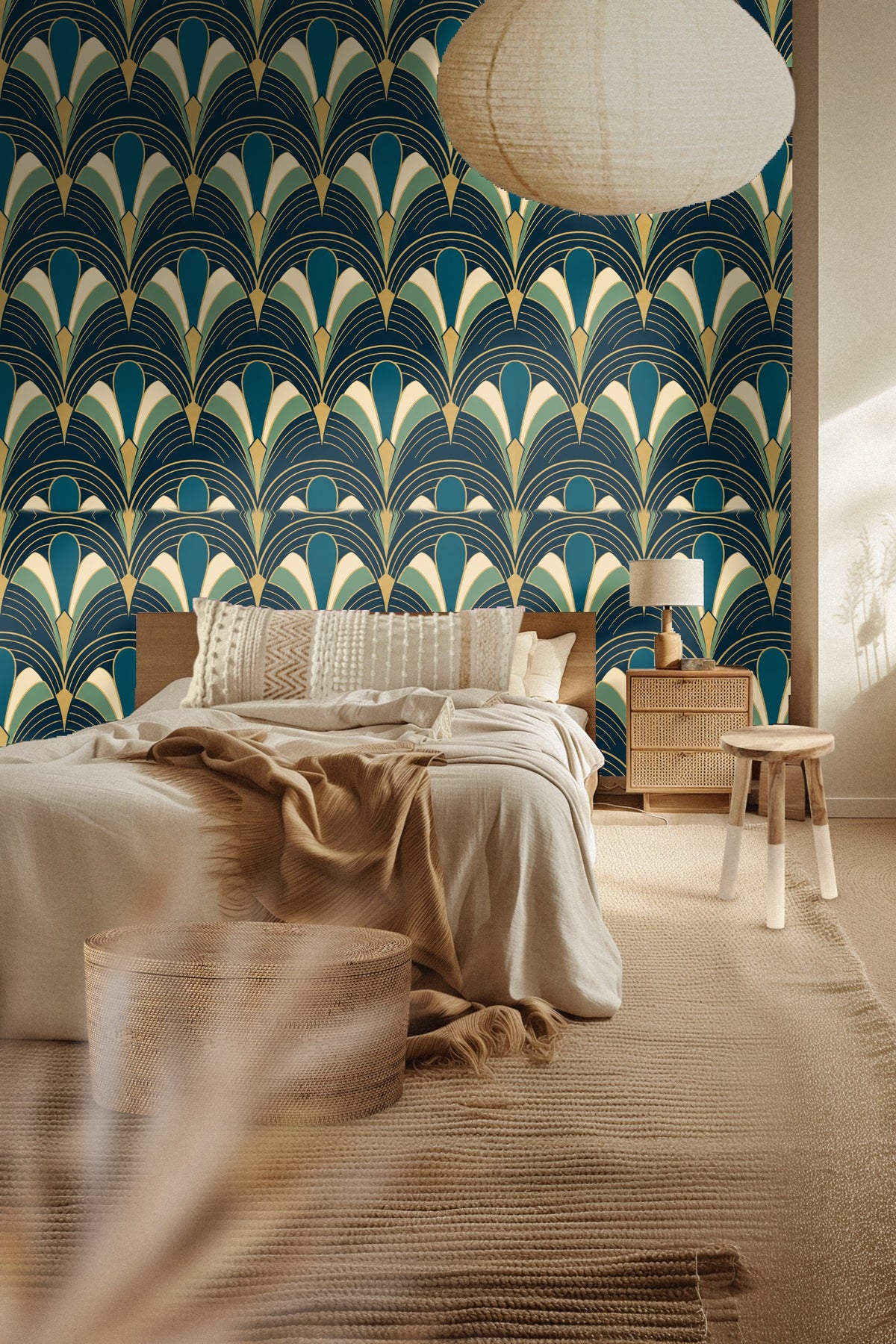 Close-up detail of gold and cream highlights on Peacock Arcade wallpaper pattern