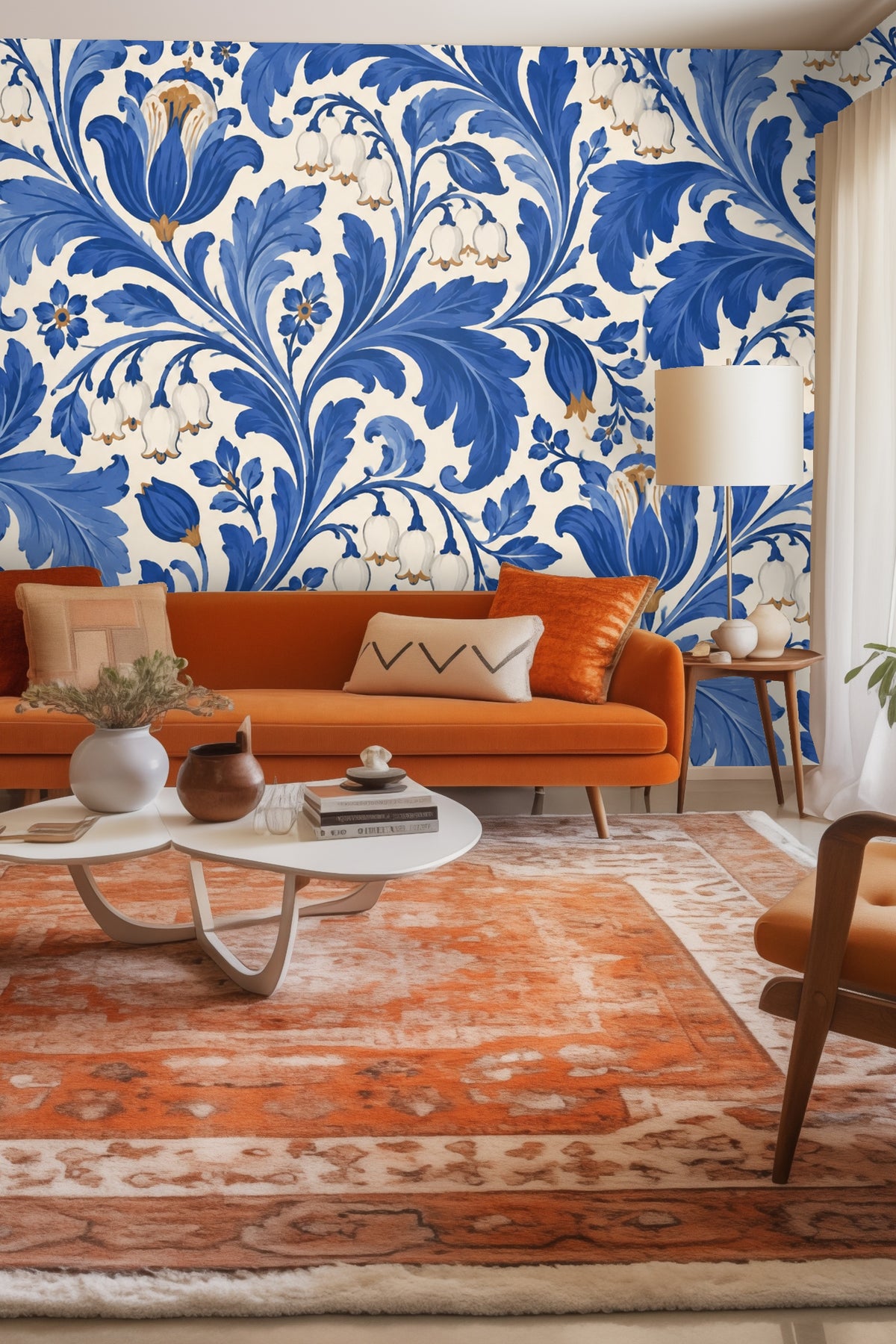 Cobalt Lily Scroll wallpaper shown in an interior setting