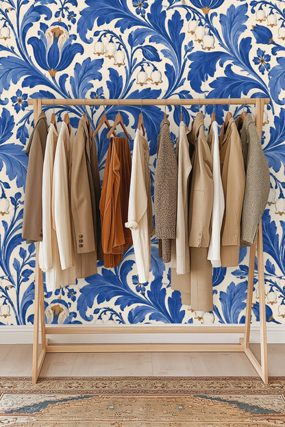 Cobalt Lily Scroll wallpaper shown in an interior setting