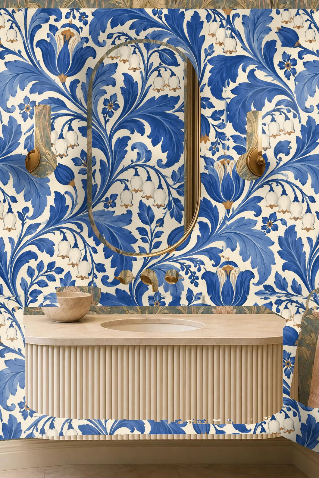 Cobalt Lily Scroll wallpaper shown in an interior setting