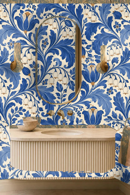 Cobalt Lily Scroll wallpaper shown in an interior setting