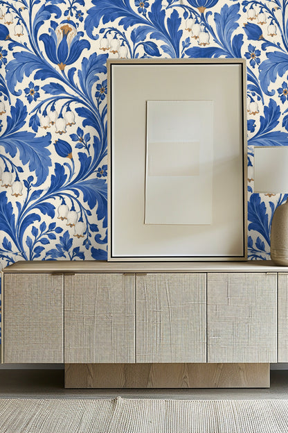 Cobalt Lily Scroll wallpaper shown in an interior setting