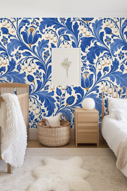 Cobalt Lily Scroll wallpaper shown in an interior setting