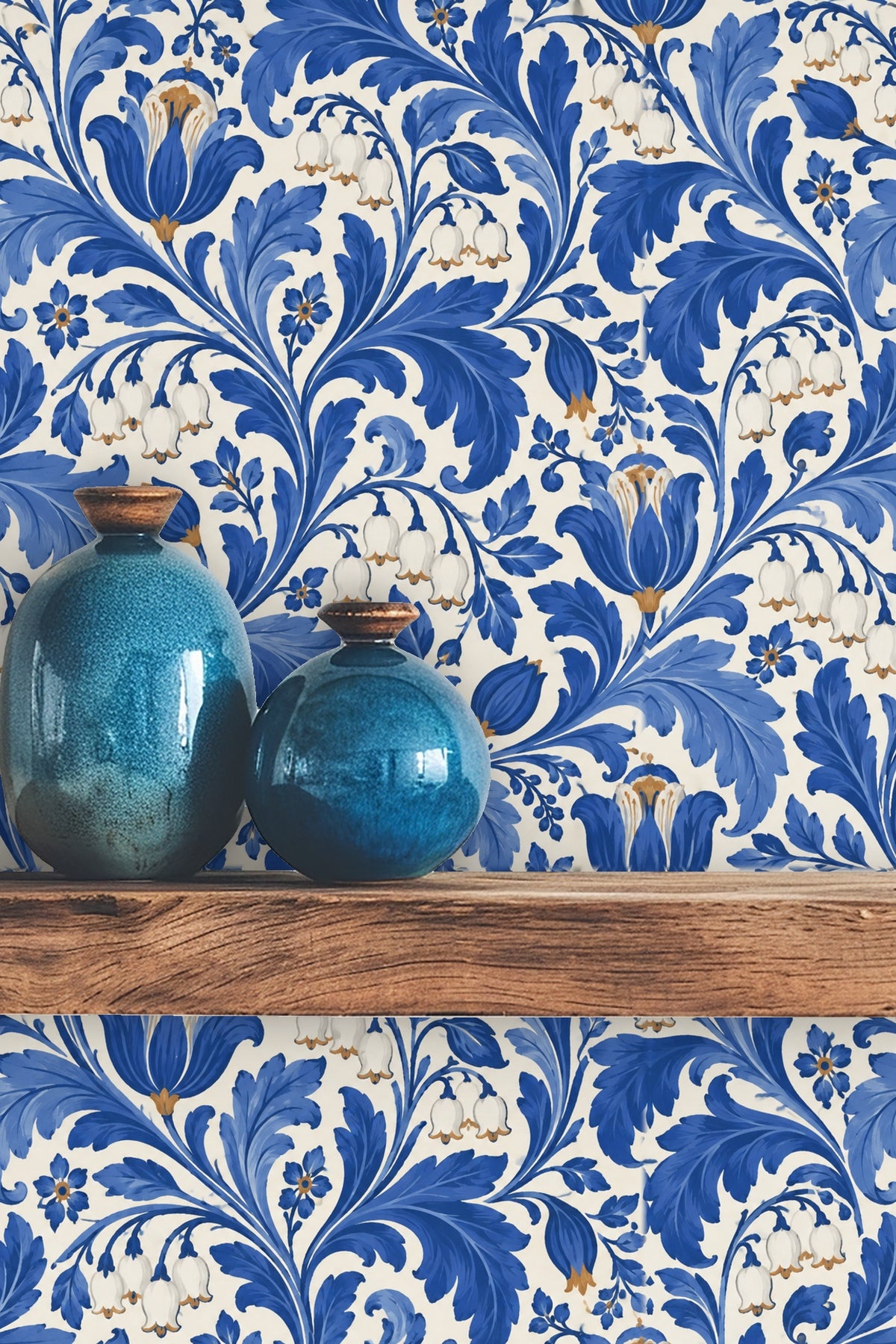 Cobalt Lily Scroll wallpaper shown in an interior setting