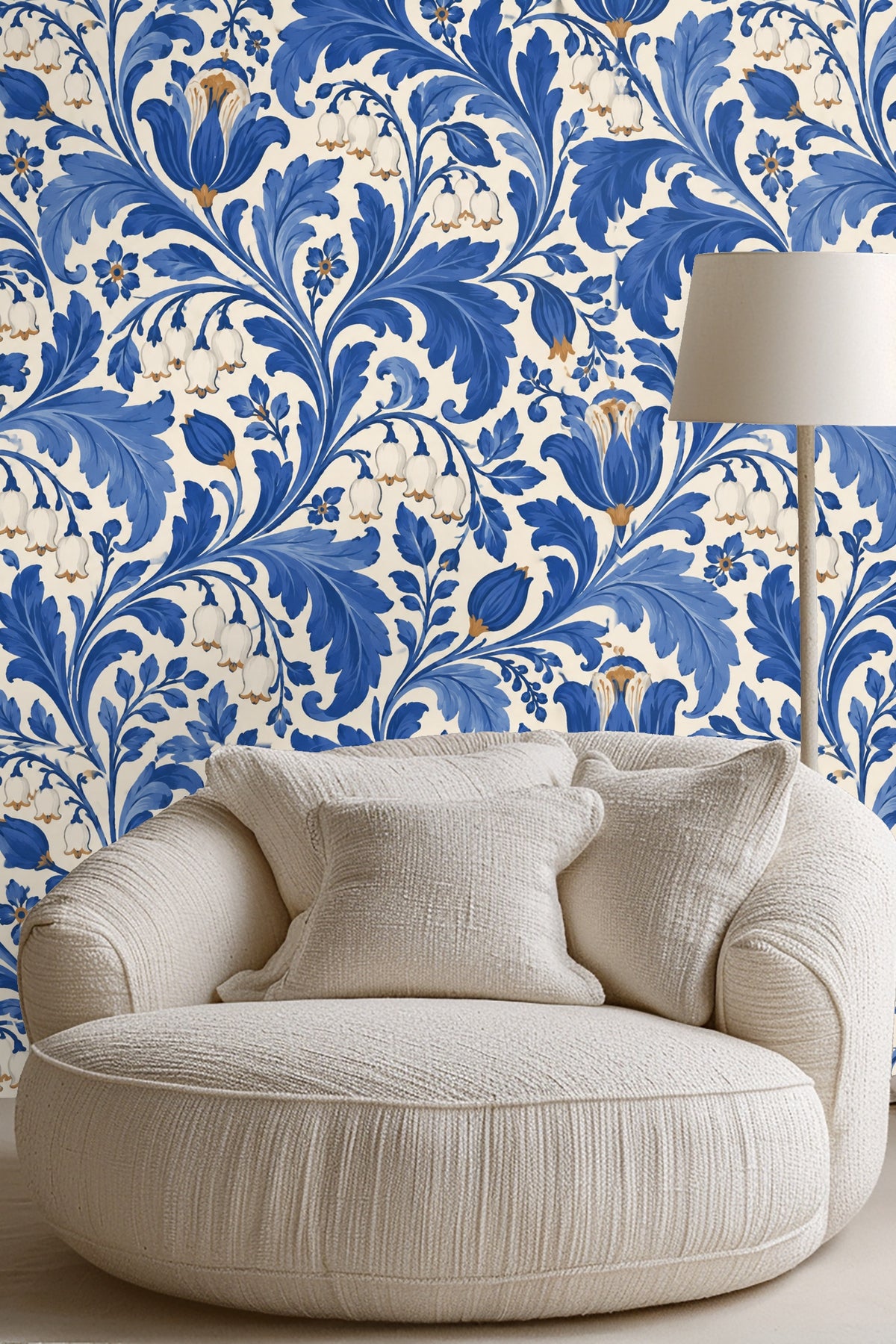Cobalt Lily Scroll wallpaper shown in an interior setting