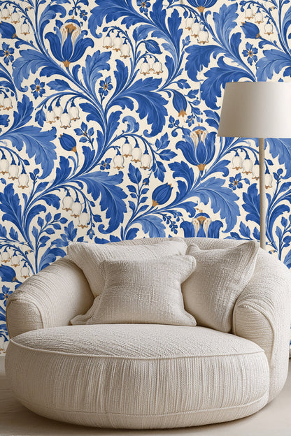 Cobalt Lily Scroll wallpaper shown in an interior setting