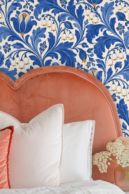 Cobalt Lily Scroll wallpaper shown in an interior setting