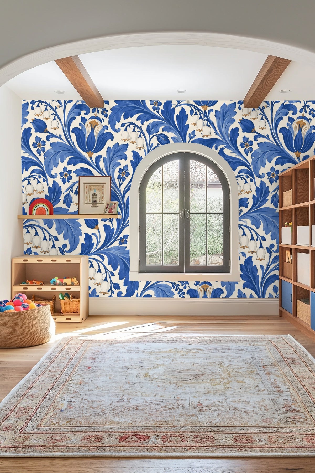 Cobalt Lily Scroll wallpaper shown in an interior setting