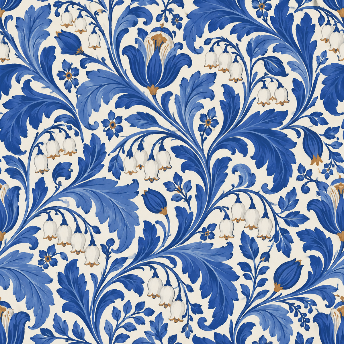 Cobalt Lily Scroll wallpaper shown in an interior setting