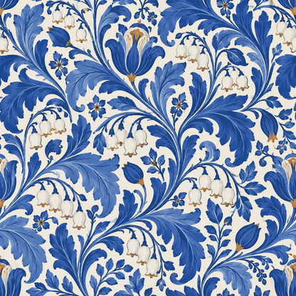 Cobalt Lily Scroll wallpaper shown in an interior setting