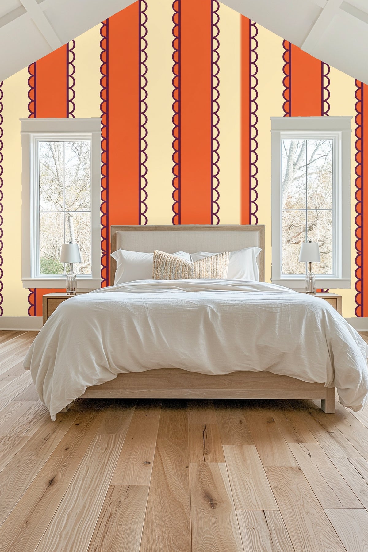 Blanket ladder against wall adorned with Persimmon Pavilion Stripe wallpaper