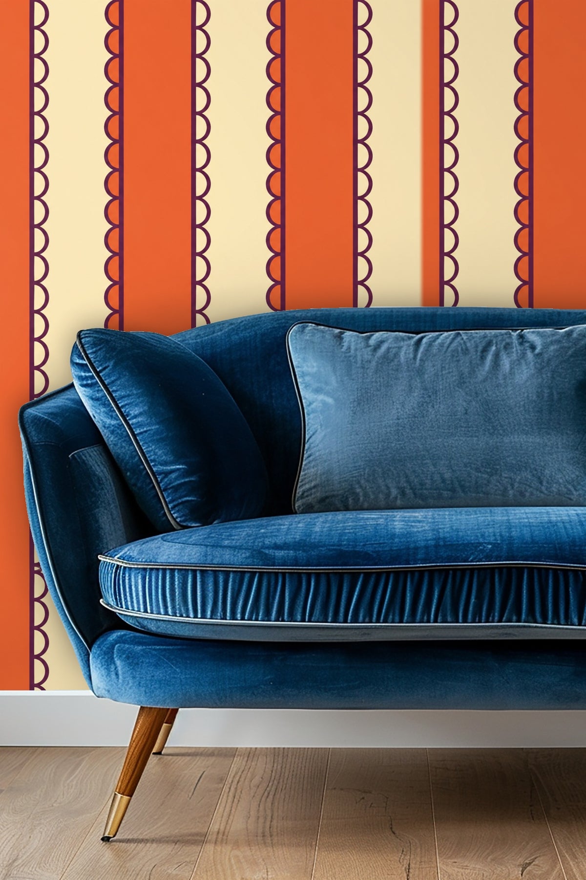 Wallpaper artwork showing scalloped plum edges beside bold persimmon stripes on cream background