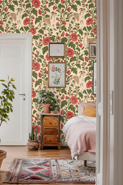 Detailed view of wallpaper showing tan and white greyhounds walking among tall red hollyhock flowers and green leaves on cream background