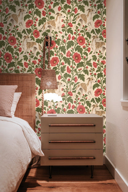 Section of wallpaper focusing on hollyhock buds and open flowers with textured green leaves