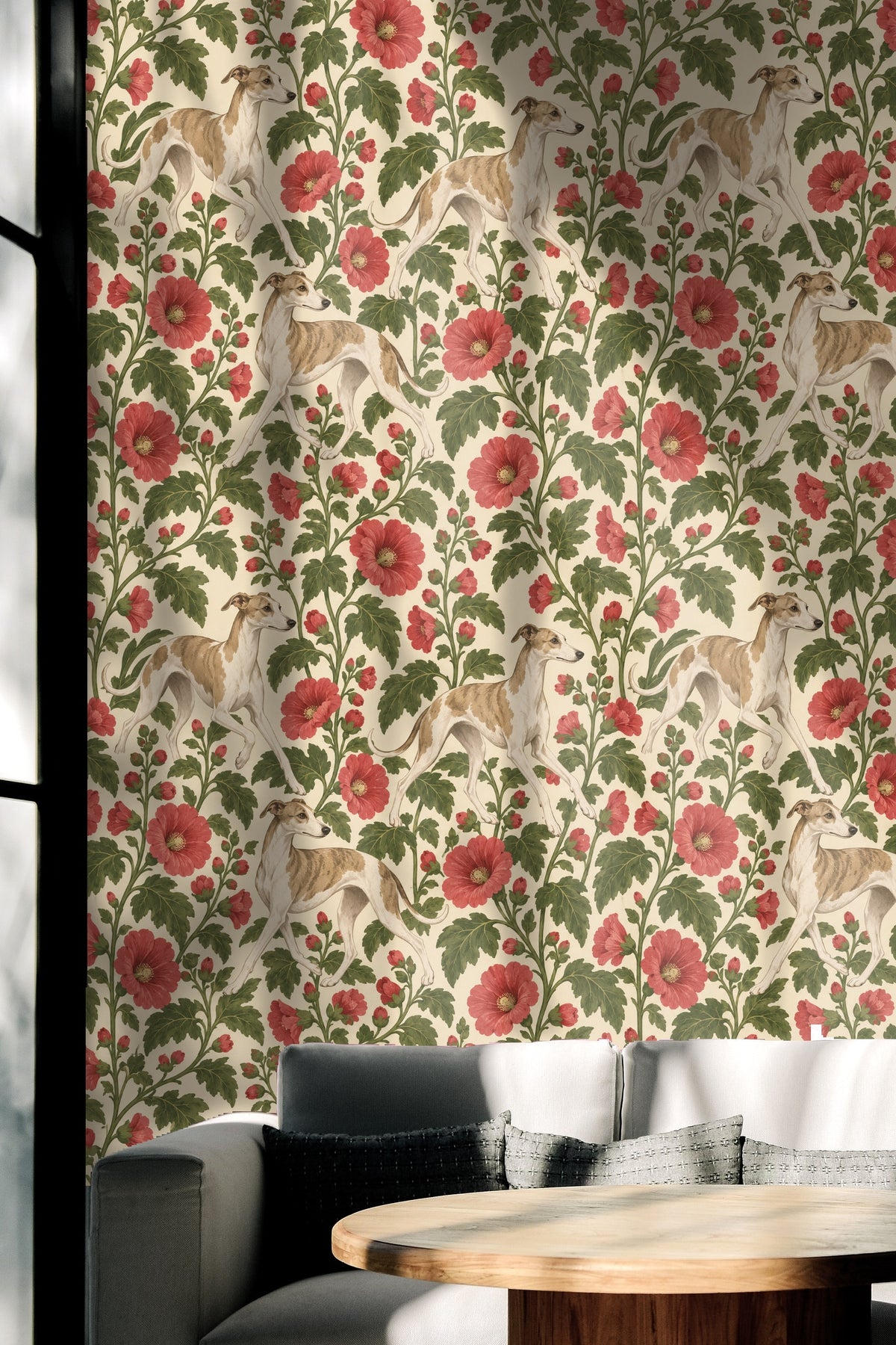 Horizontal view emphasizing the spacing and alignment of greyhounds and floral elements